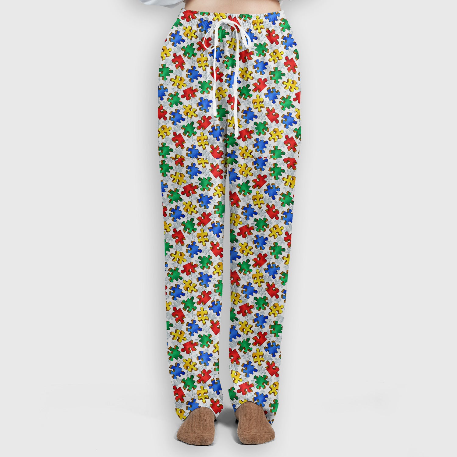 Colorful Autism Puzzle Piece Print Scrub Set, Scrub Pants and V Neck Top