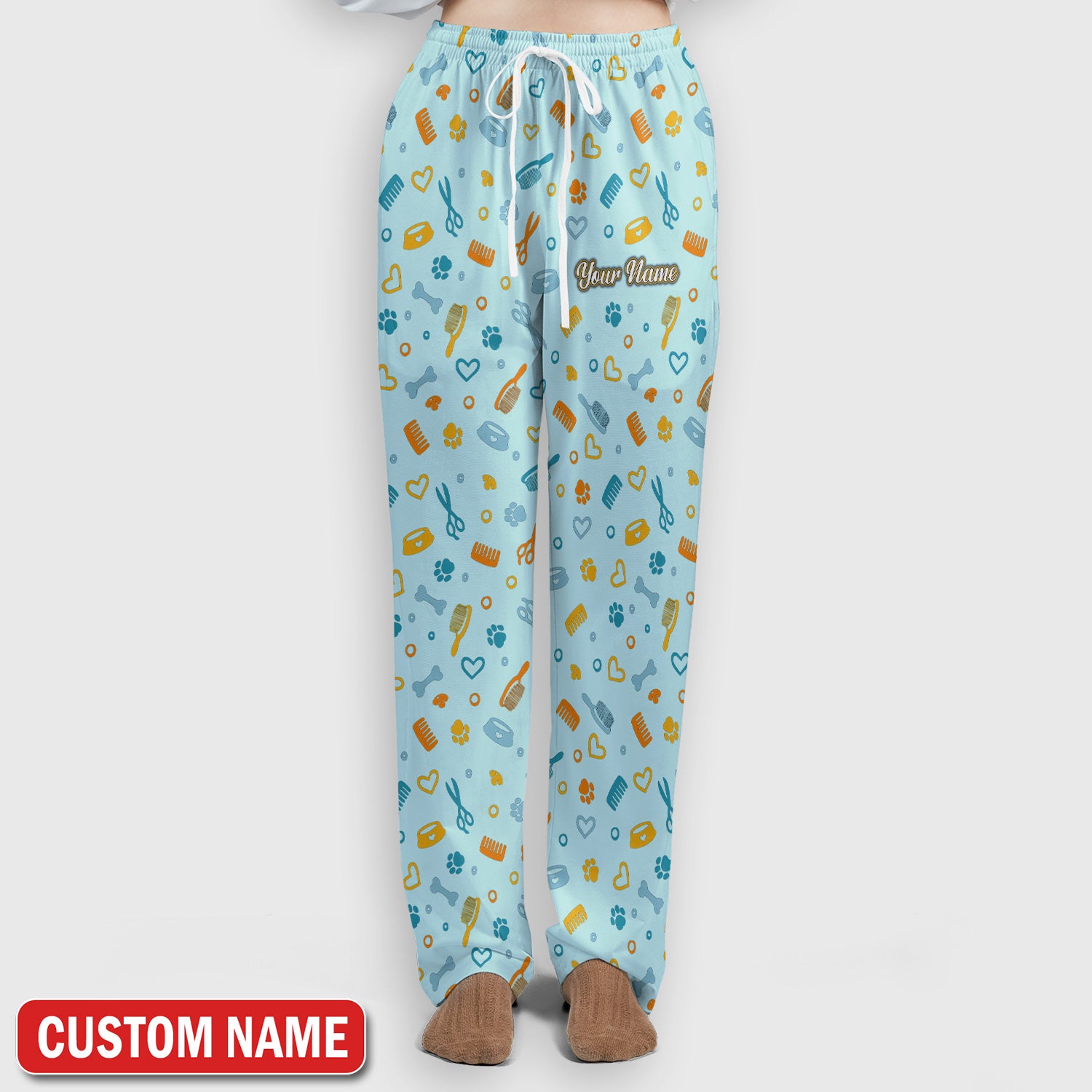 Custom Name Dog Cat Grooming Pattern Scrub Set, Scrub Pants and V Neck Top