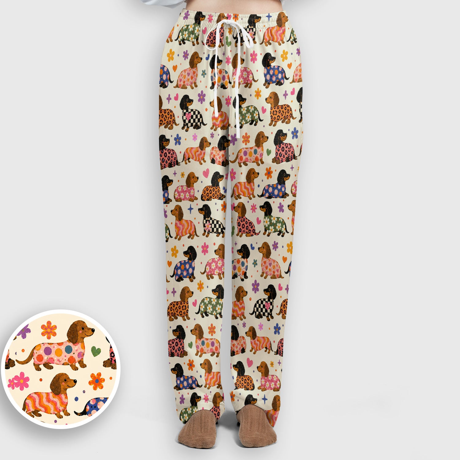 Floral Dachshund Print Scrub Set, Scrub Pants and V Neck Top
