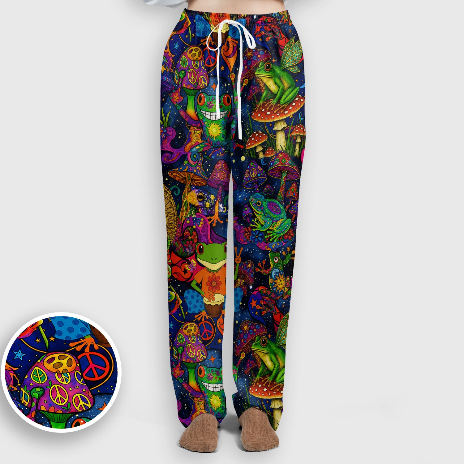 Psychedelic Frog with Mushroom Peace Print Scrub Set, Scrub Pants and V Neck Top