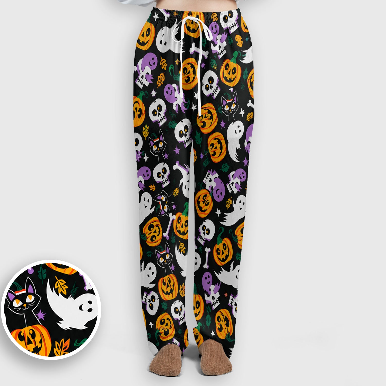 Spooky Pumpkin Ghost Print Scrub Set, Scrub Pants and V Neck Top