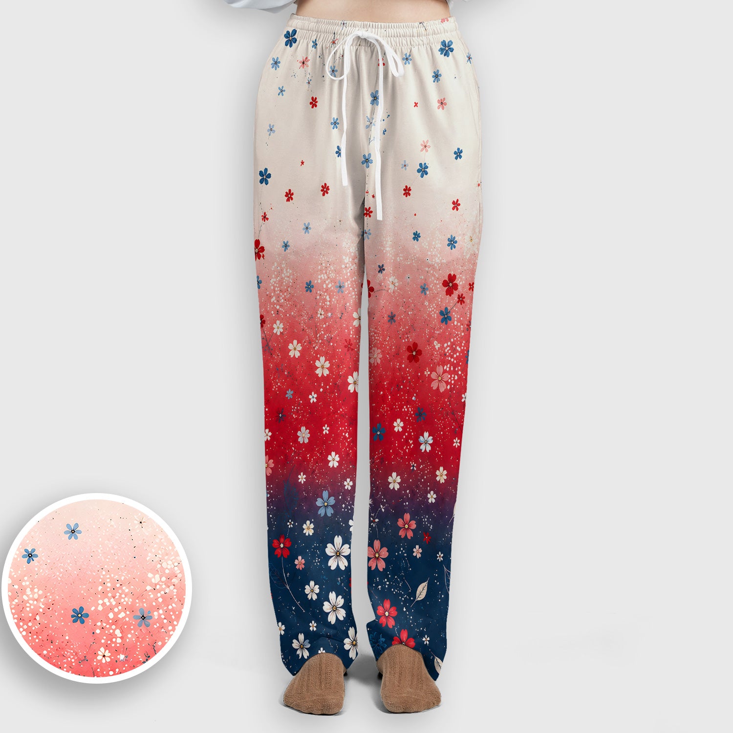 Patriotic Red White Blue Floral Ombre Print Scrub Set, Scrub Pants and V Neck Top