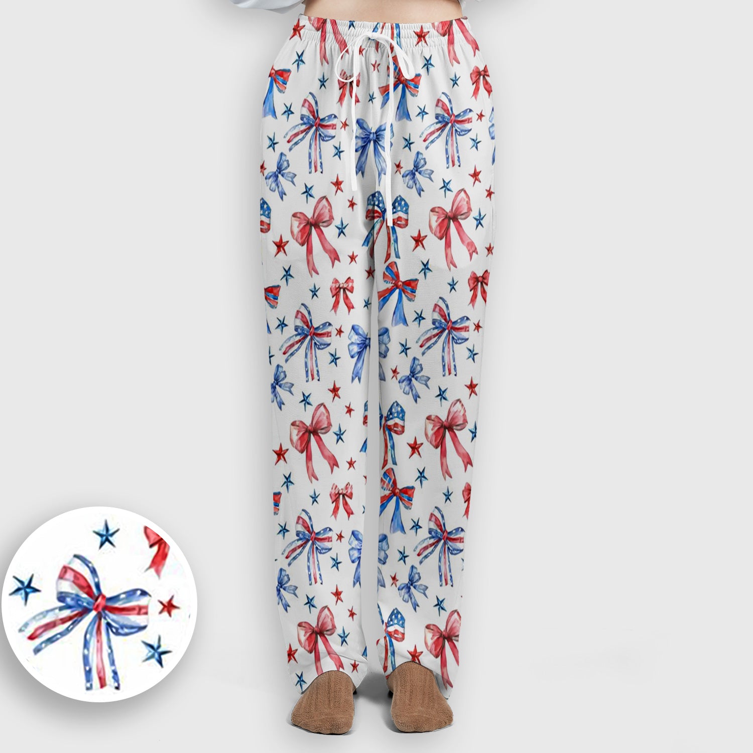 Festive Patriotic Ribbon Bow Star Pattern Scrub Set, Scrub Pants and V Neck Top