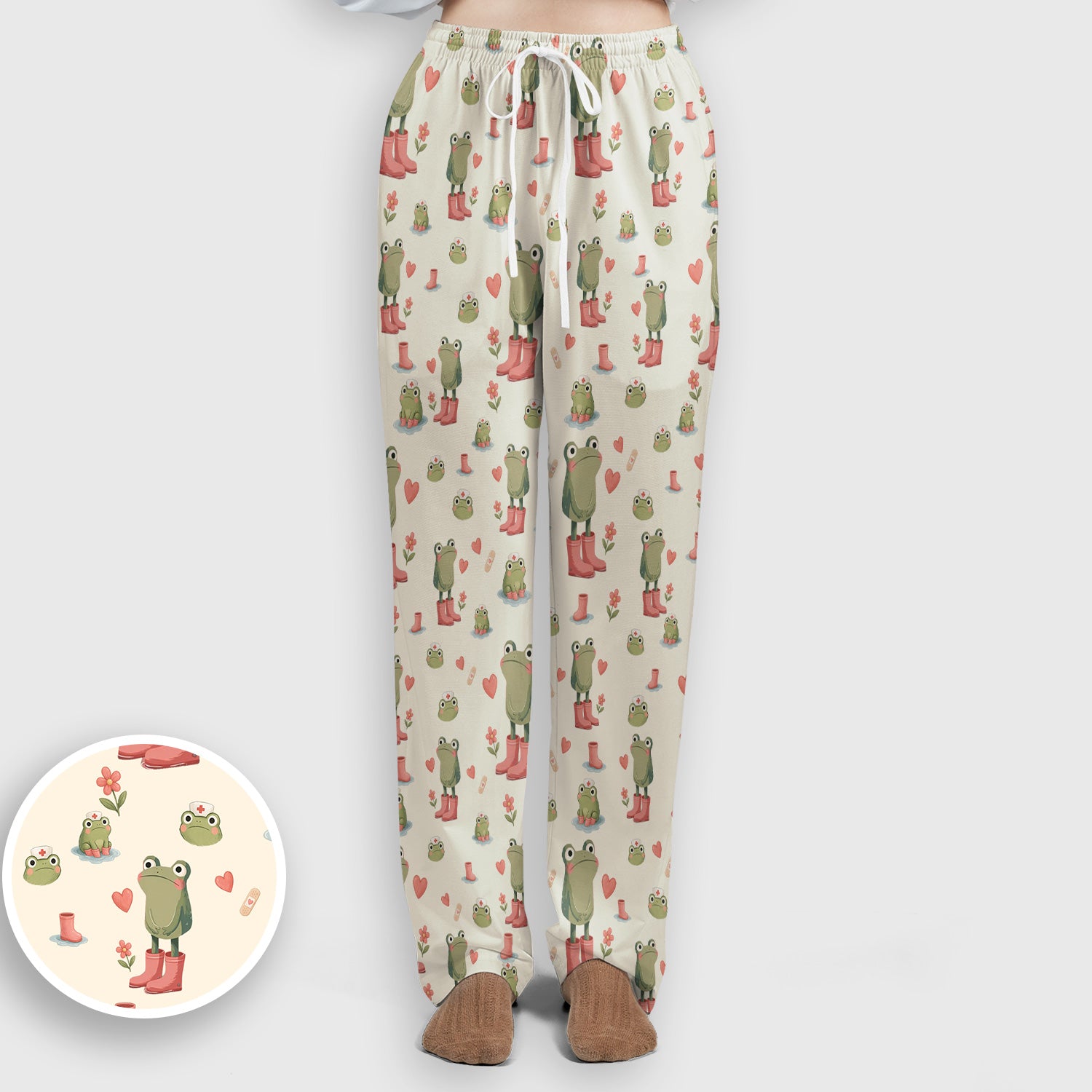 Adorable Frog Boots Heart Pattern Scrub Set, Nurse Uniform Scrubs Set
