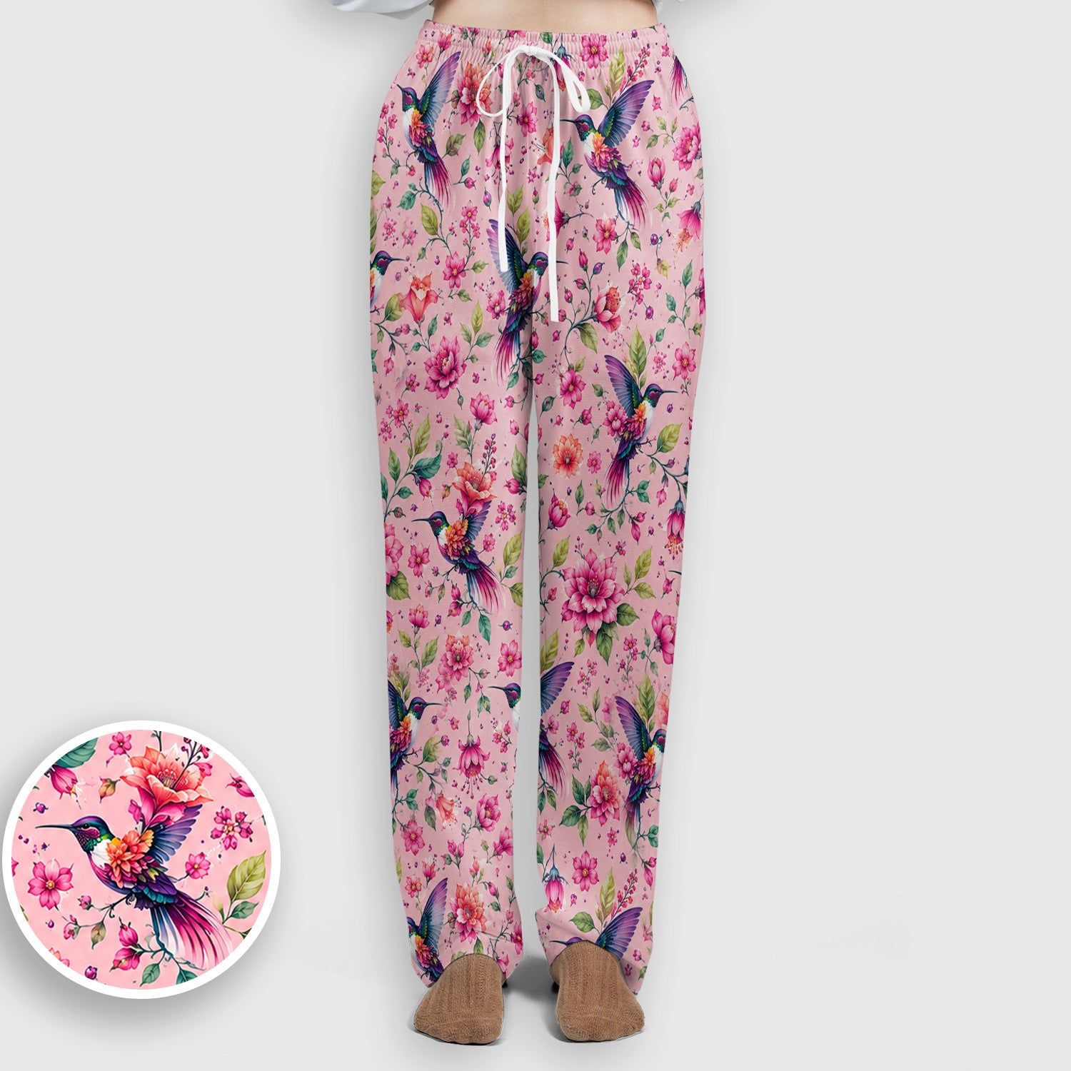 Pink Hummingbird Floral Garden Pattern Scrub Set, Scrub Pants and V Neck Top