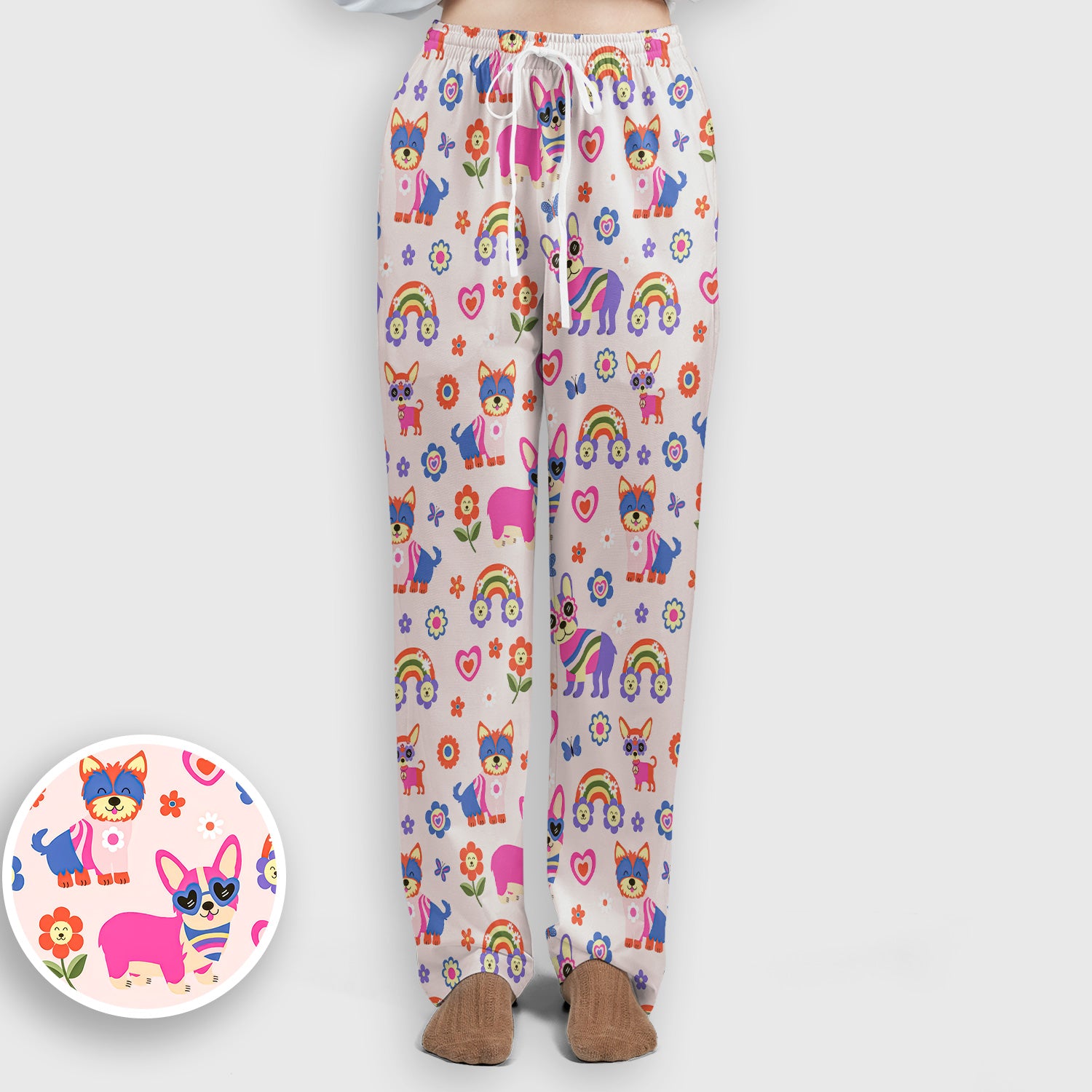 Colorful Cartoon Dogs With Rainbow Flowers Pattern Pattern Scrub Set, Scrub Pants and V Neck Top