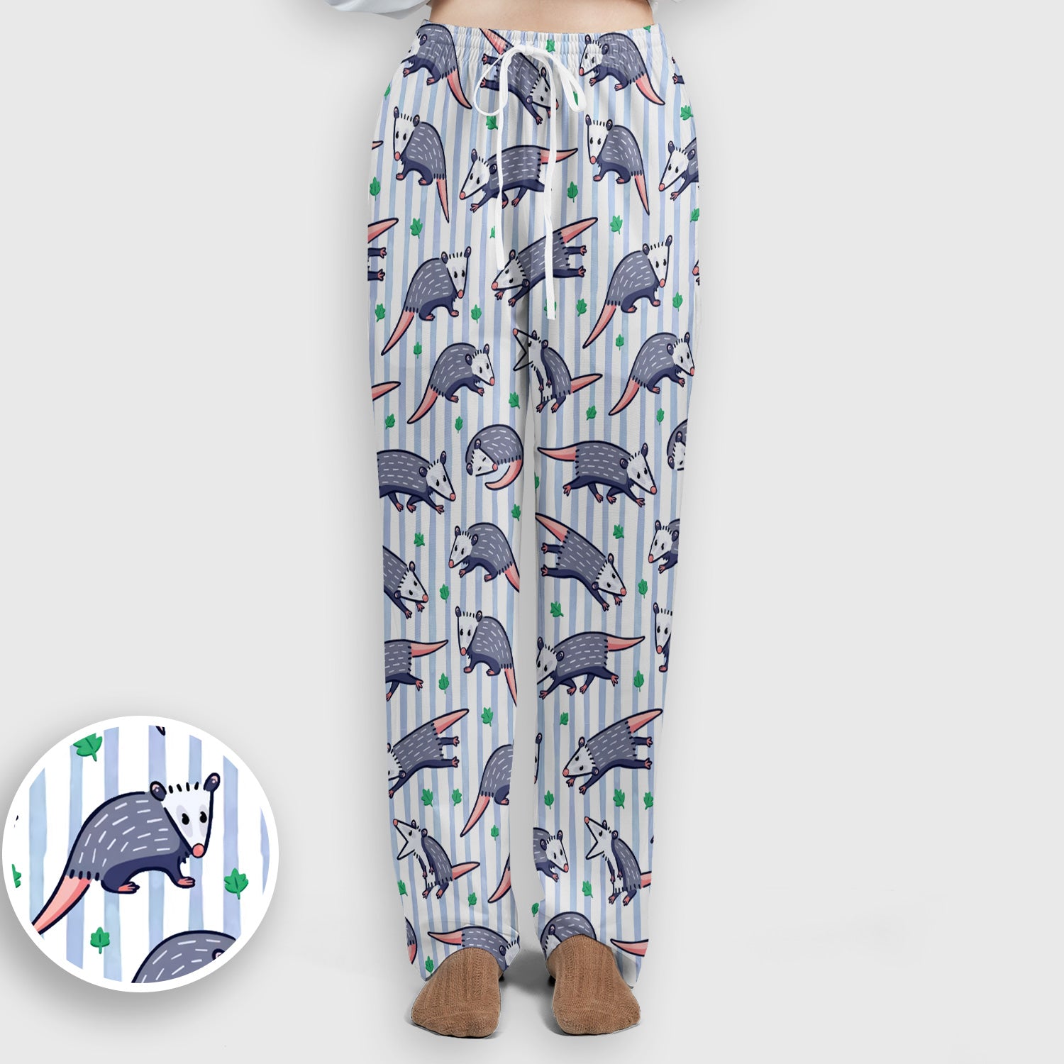 Cute Opossum Blue Stripe Pattern Scrub Set, Scrub Pants and V Neck Top