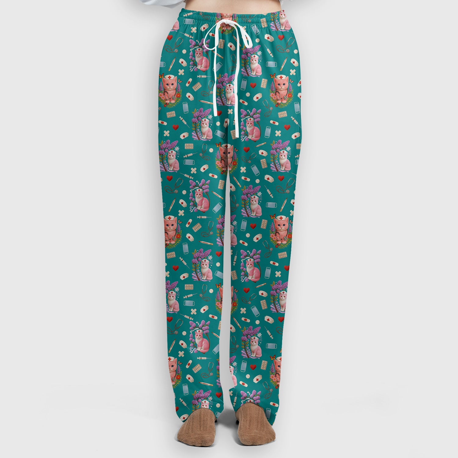 Cute Cat Pattern Nurse Scrub Set - Pink Medical Scrubs for Women - Adorable Kitty Print Gift for RN LPN CNA Healthcare Staff