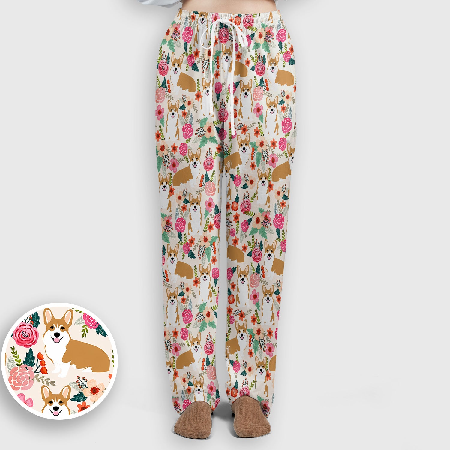Cute Corgi Dog Floral Garden Pattern Nurse Scrub Set, Scrub Pants and V Neck Top
