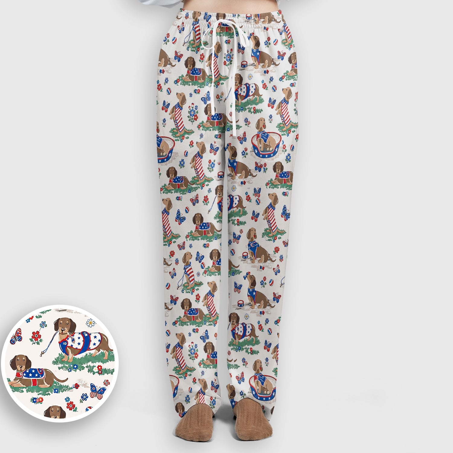 Patriotic Dachshund Garden Party Pattern Scrub Set, Scrub Pants and V Neck Top