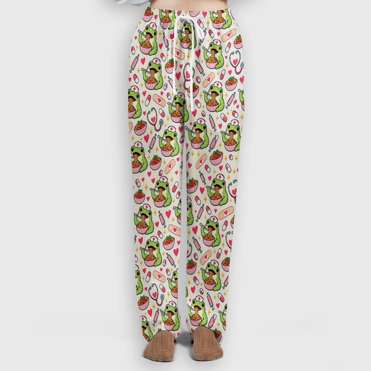Cute Nurse Frogs Eating Noodles Pattern Scrub Set, Scrub Pants and V Neck Top
