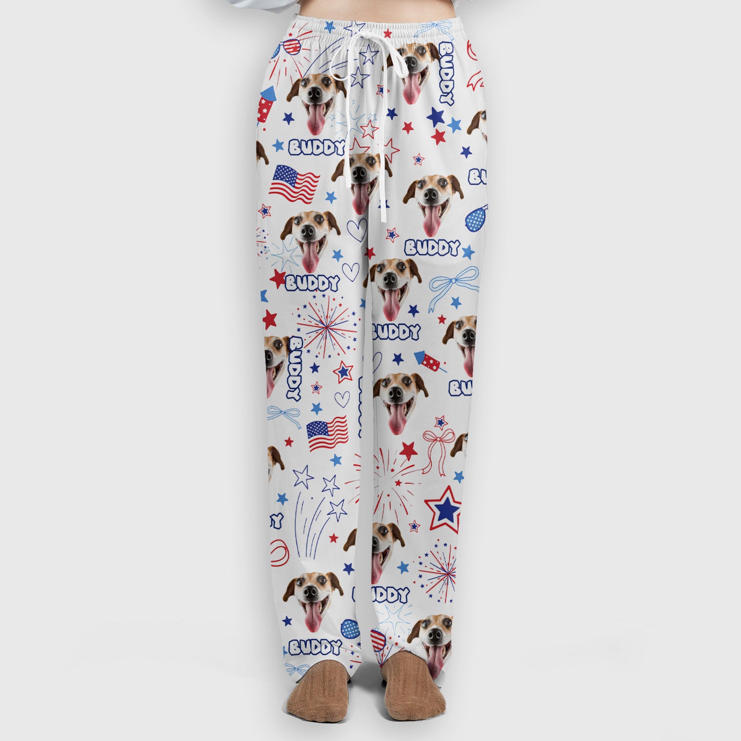 Personalized Patriotic Dog Face Name Pattern Scrub Set, Scrub Pants and V Neck Top