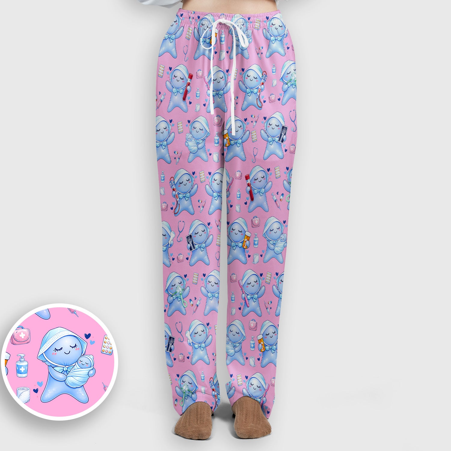 Cute Tooth Character Dental Tools Caring Pattern Scrub Set, Breathable Med Uniform