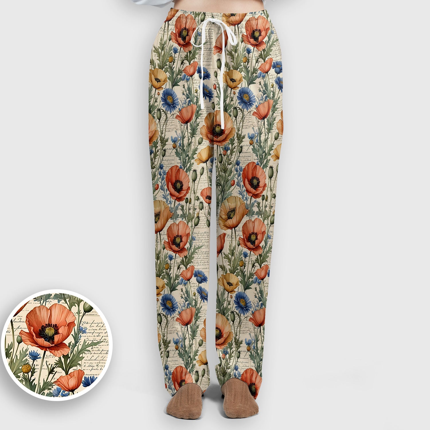 Vintage Poppy Wildflower Script Print Scrub Set, Scrub Pants and V Neck Top