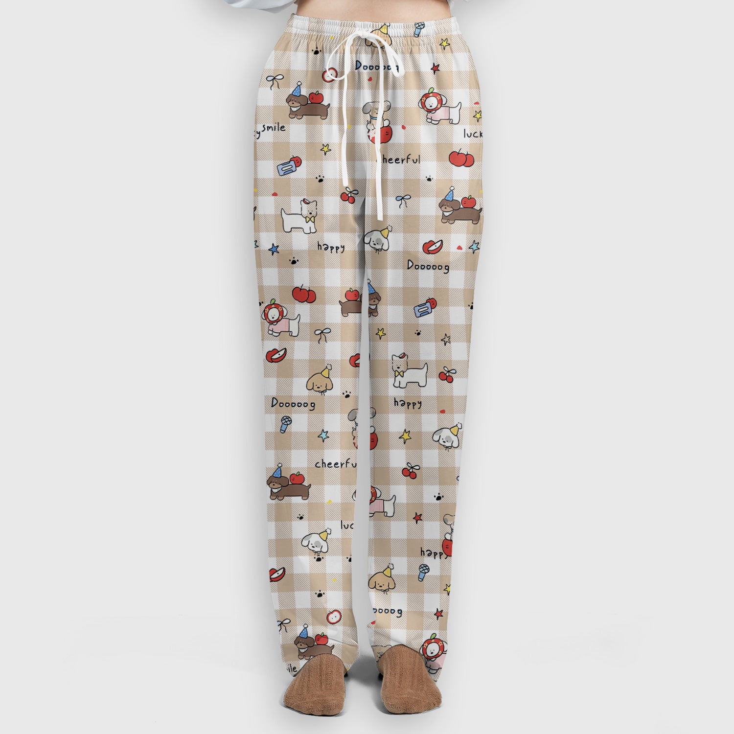 Cute Nurse Cartoon Puppy Apple Gingham Scrub Top, Breathable Fabrics Nursing Uniform