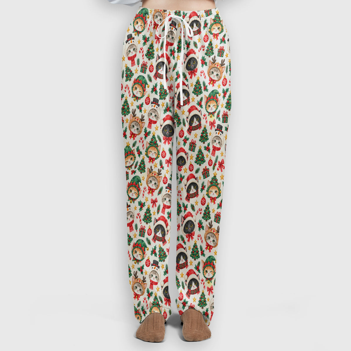 Christmas Cats And Trees Pattern Scrub Set, Scrub Pants and V Neck Top