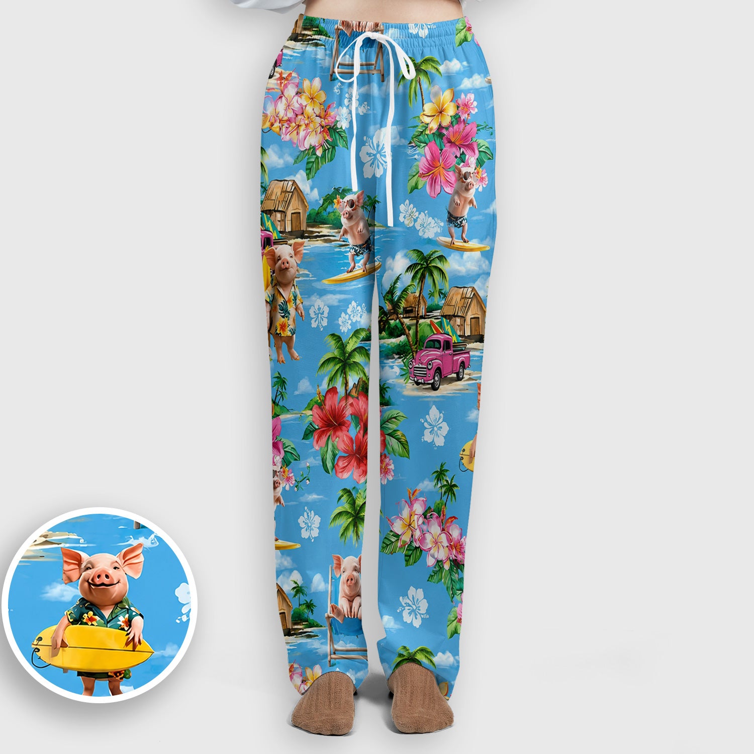 Tropical Surfing Pig Beach Pattern Scrub Set, Scrub Pants and V Neck Top