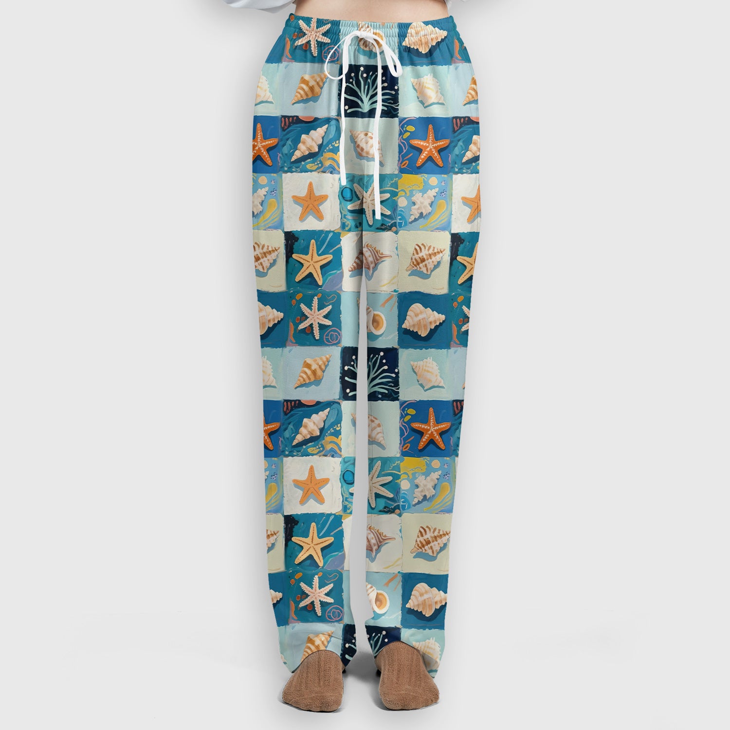Cute Seashell Starfish Ocean Tile Pattern Scrub Set, Scrub Pants and V Neck Top