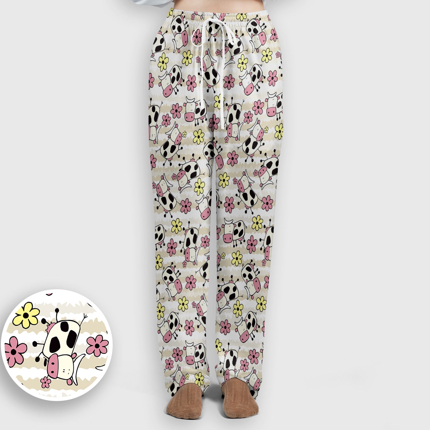 Cute Cartoon Cow Flower Meadow Pattern Nurse Scrub Set, Scrub Pants and V Neck Top