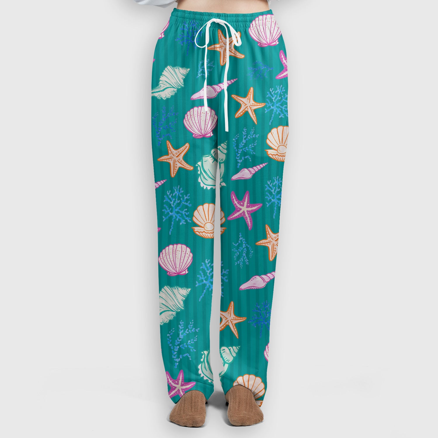 Colorful Seashell Starfish Ocean Stripe Pattern Scrub Set, Women's Scrub Sets