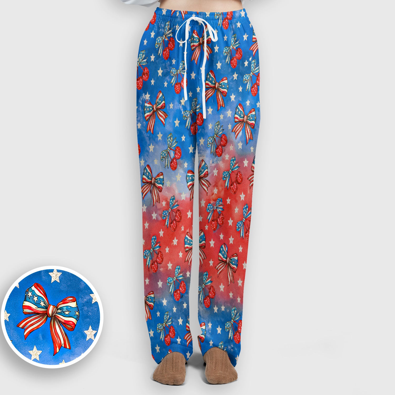 Festive Patriotic Star Bow Cherry Pattern Scrub Set, Scrub Pants and V Neck Top