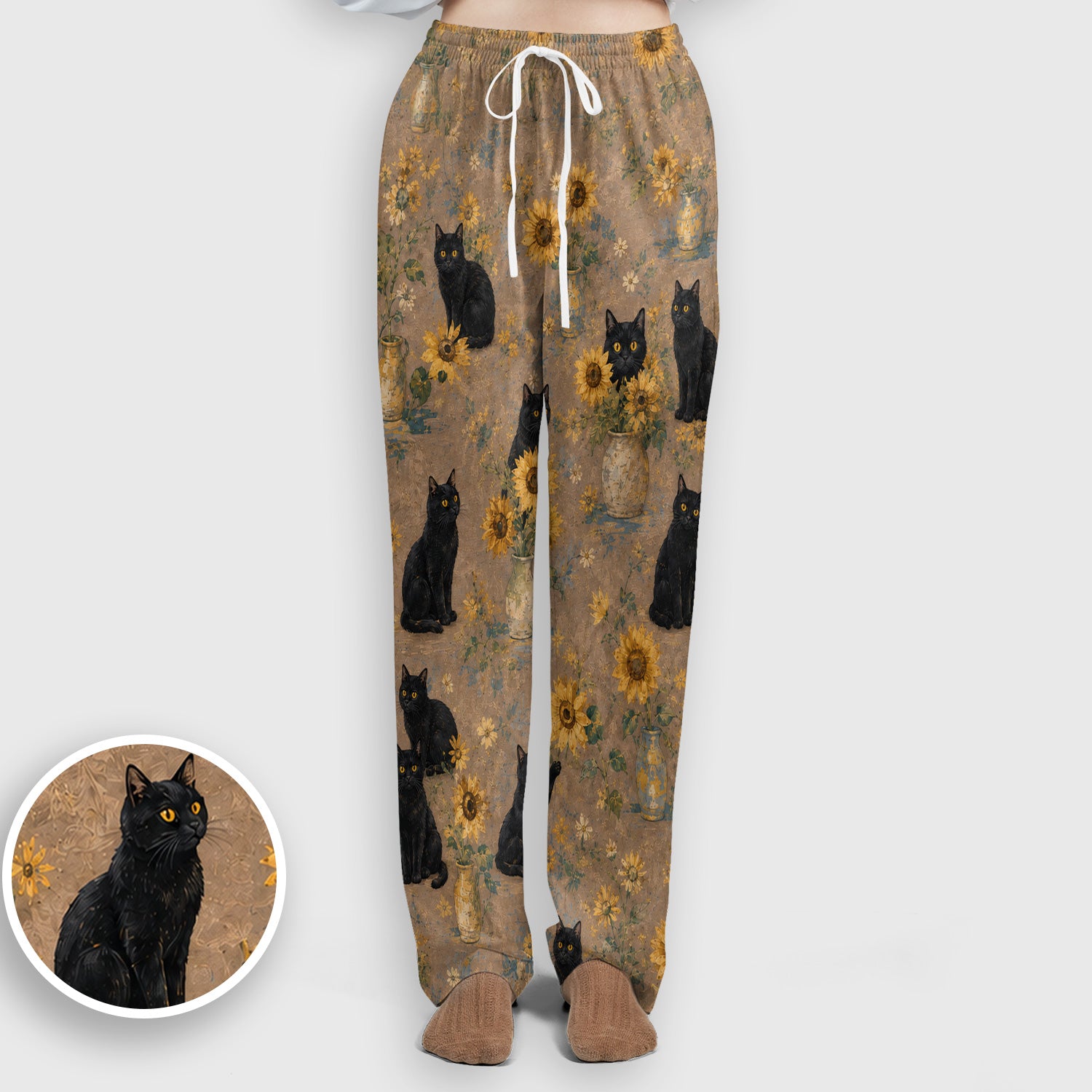Rustic Sunflower Black Cat Print Scrub Set, Scrub Pants and V Neck Top