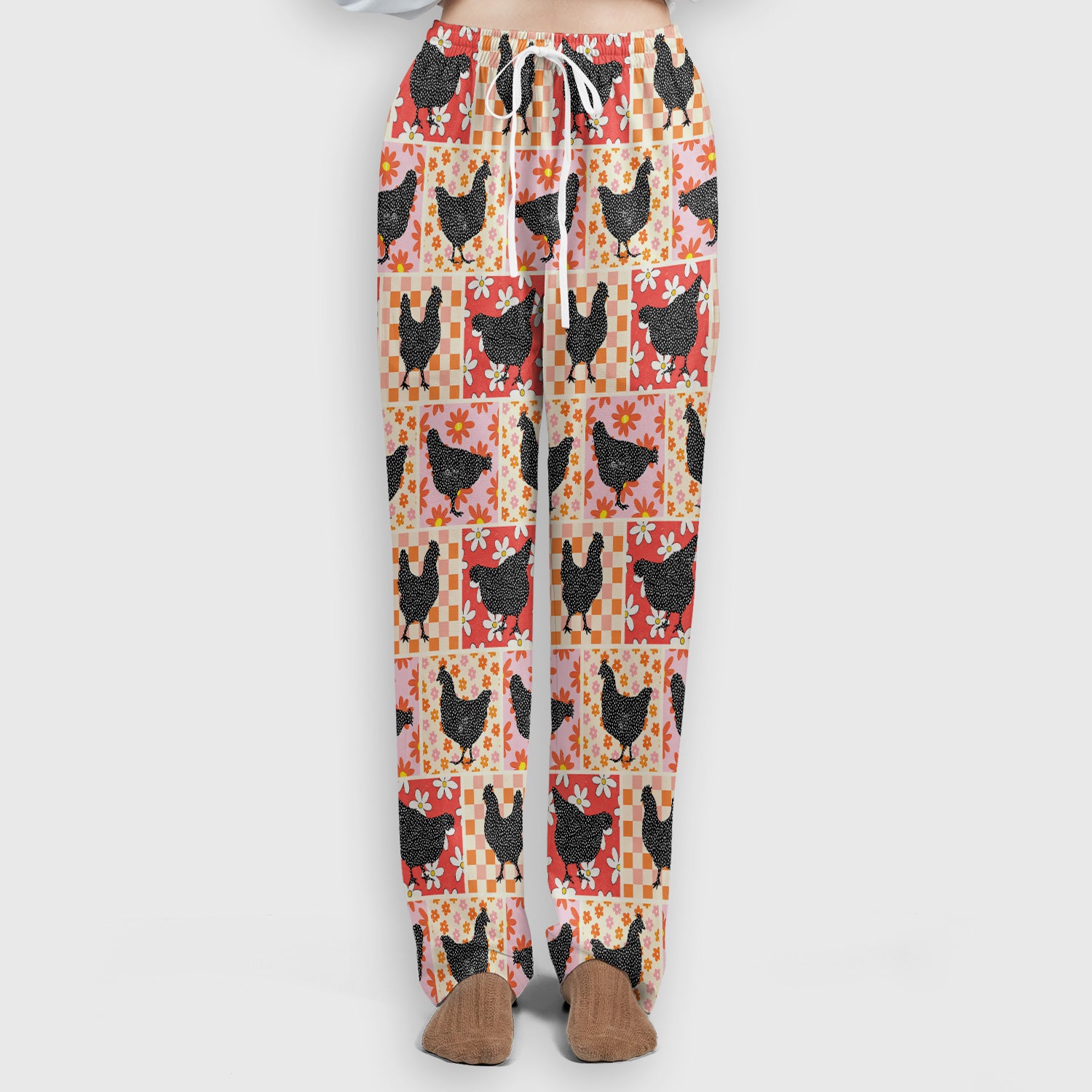 Charming Chicken Patchwork Floral Pattern Scrub Set, Scrub Pants and V Neck Top