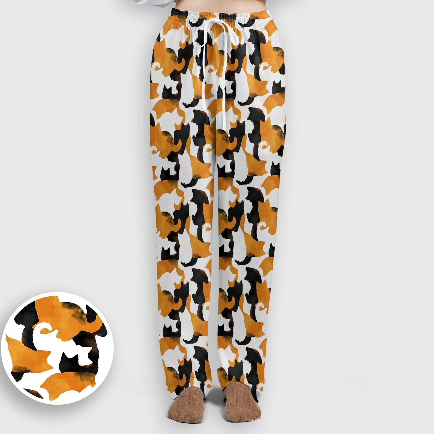 Calico Cat Silhouette Pattern Scrub Set, Scrub Pants and V Neck Top
