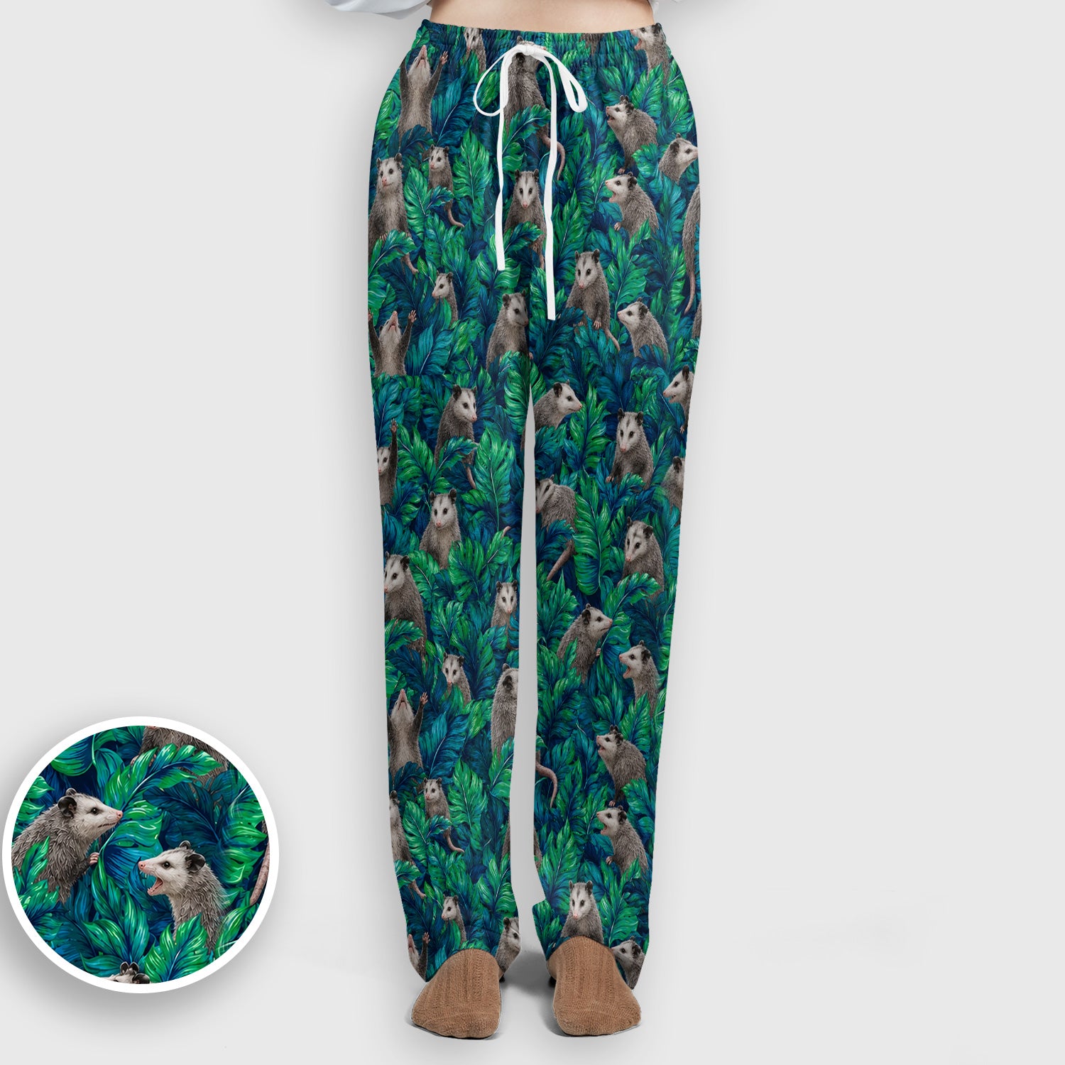 Tropical Opossum Jungle Leaves Pattern Scrub Set, Scrub Pants and V Neck Top