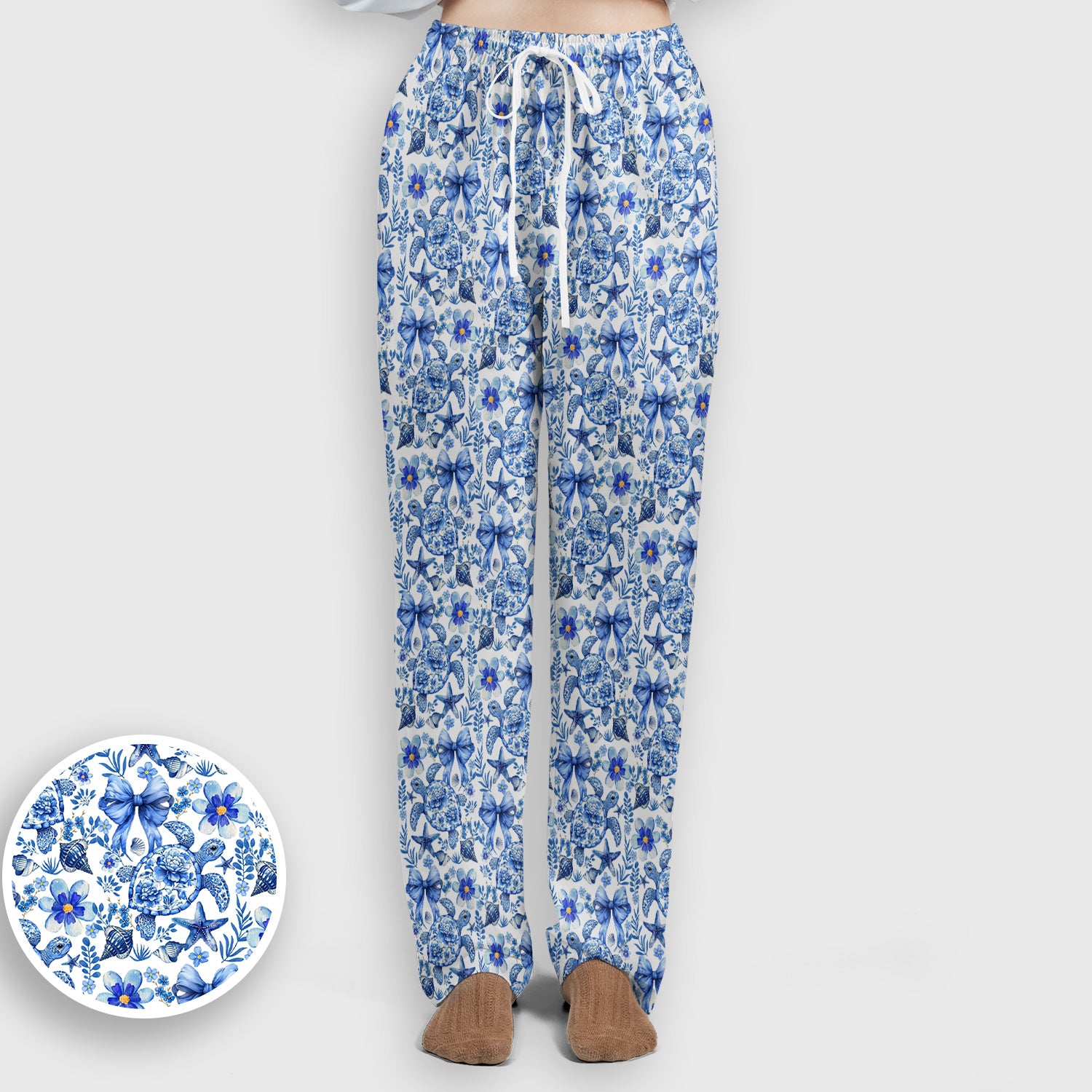 Cute Coastal Turtle Bow Pattern Scrub Set, Scrub Pants and V Neck Top