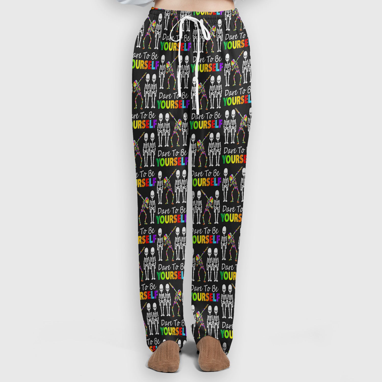 Rainbow Skeleton Dare To Be Yourself Pattern Scrub Sets, Scrub Pants and V Neck Top