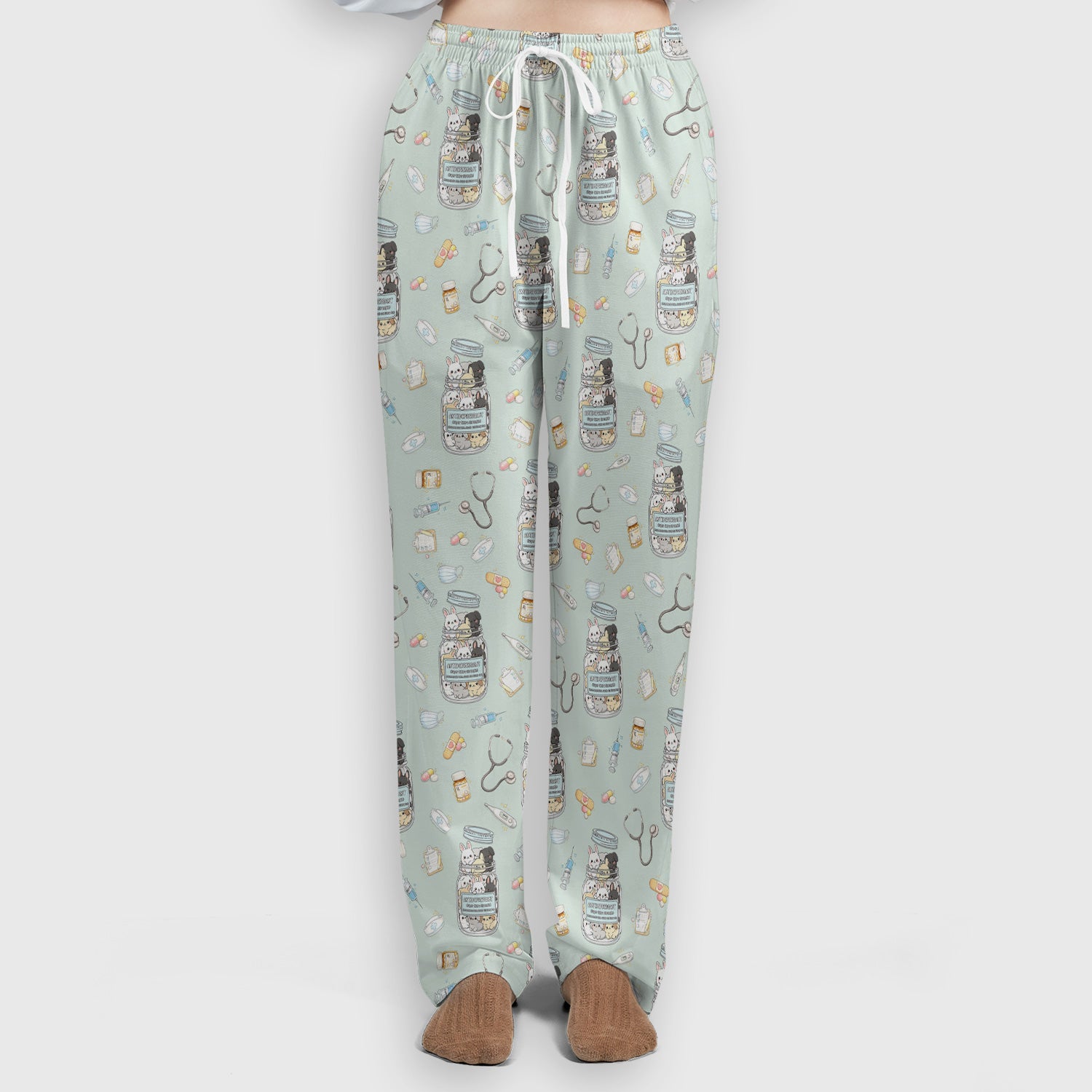 Whimsical Antidepressant Rabbit Jar Design Scrub Set, Scrub Pants and V-Neck Top