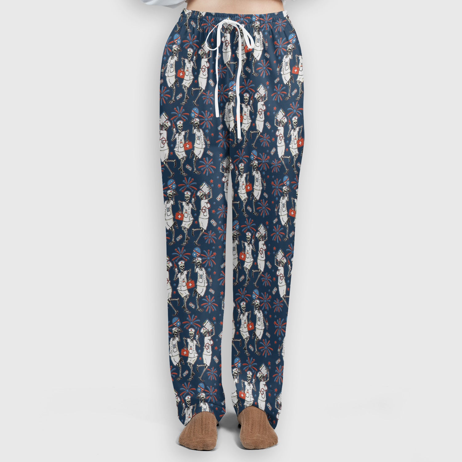 Funny Skeleton Nurse Patriotic Print Scrub Set, Scrub Pants and V Neck Top