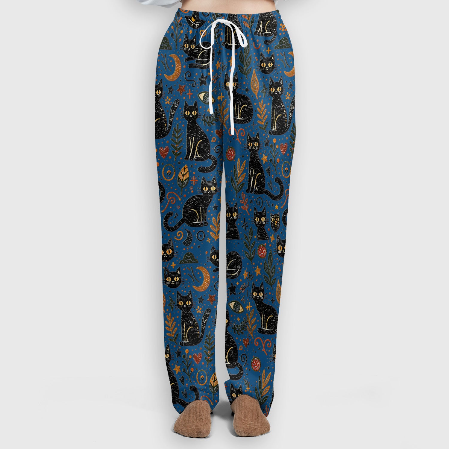 Mystic Black Cat Celestial Doodle Pattern Scrub Set, Scrub Pants and V Neck Top