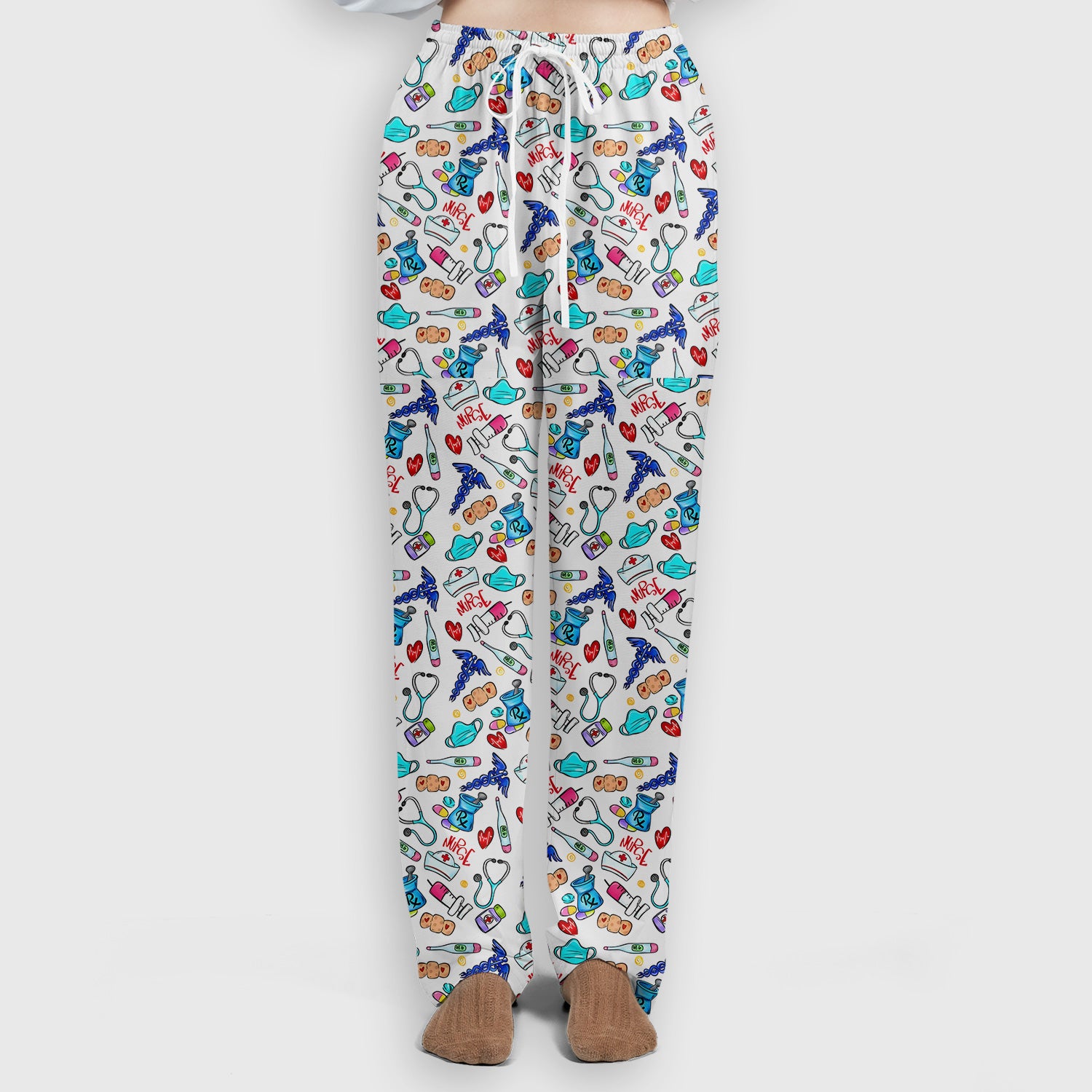 Nurse Medical Icons Stethoscope Heart Pattern Scrub Set, Scrub Pants and V Neck Top