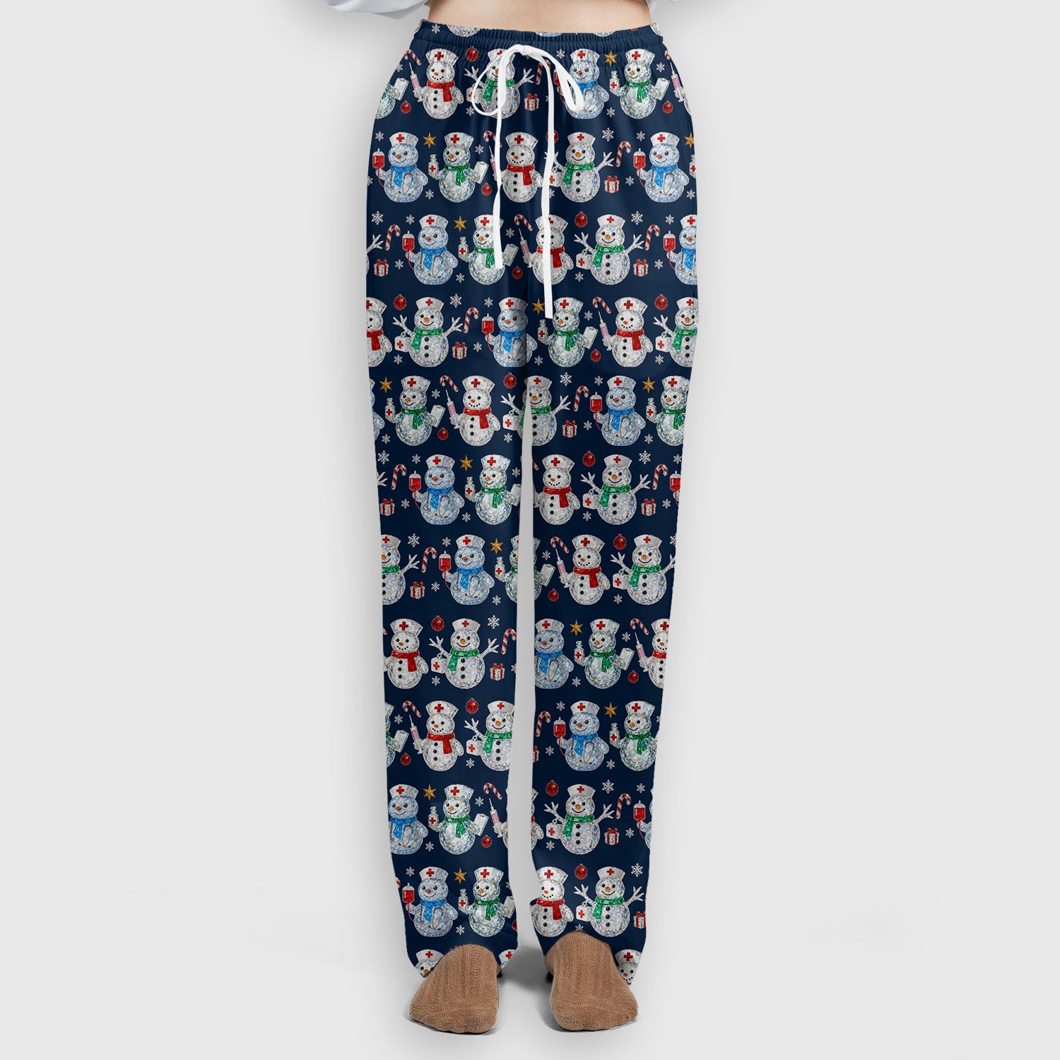 Nurse Snowman Christmas Scrub Set, Cute Holiday Medical Pattern Shirt For Women, Winter Snowflake Nursing Uniform