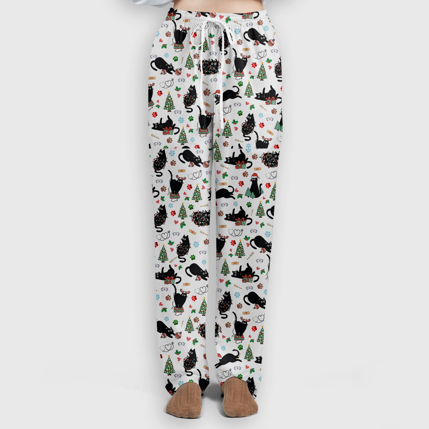 Black Cat Christmas Nurse Scrub Set, Festive Kitty Medical Uniform for Women