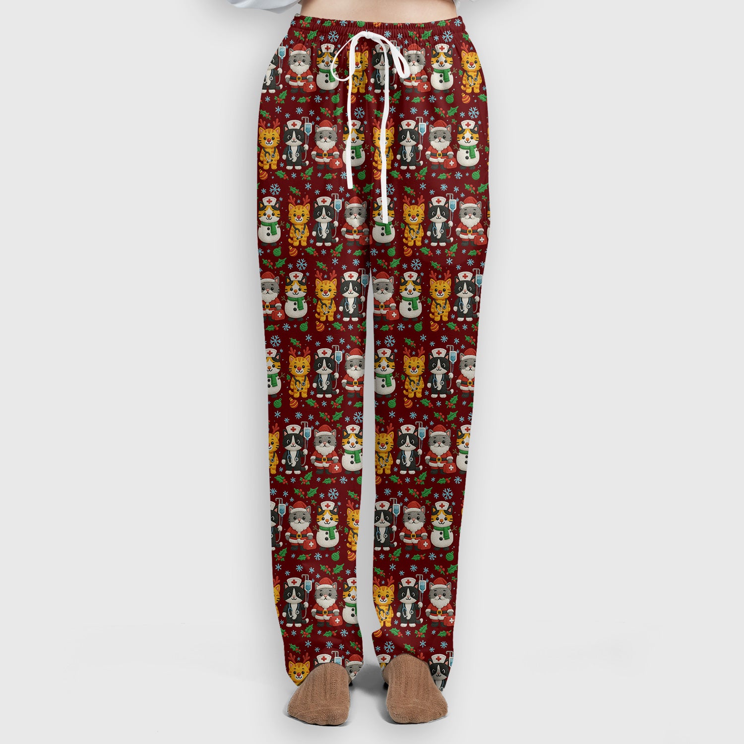 Christmas Cat Nurse Pattern Scrub Set, Cute Holiday Kitty Medical Uniform Shirt For Nursing