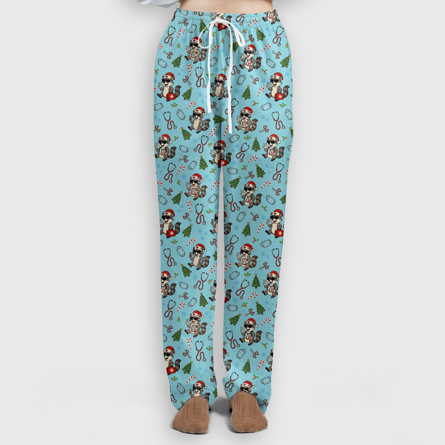 Funny Christmas Nurse Scrub Set - Raccoon Pattern with Santa Hat, Stethoscope and Tree - Cute Holiday Medical Scrubs Pants and Top Gift for RN CNA LPN