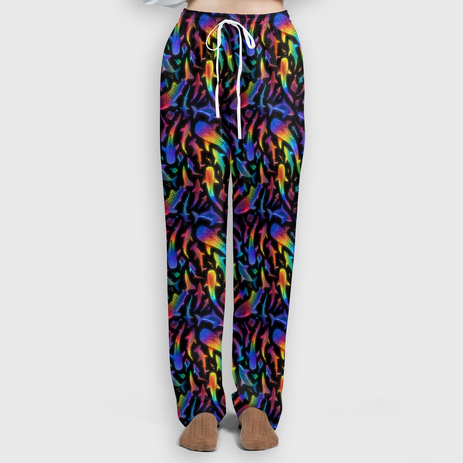 Vibrant Rainbow Shark Pattern Scrub Set, Scrub Pants and V Neck Top