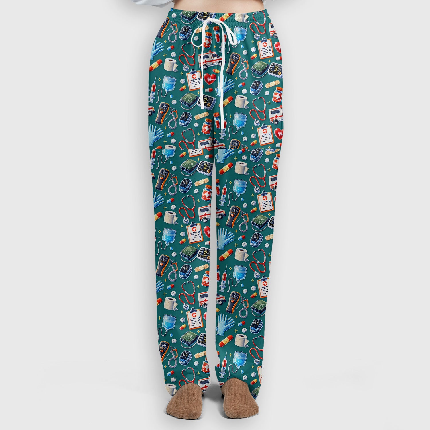 Medical Tools Pattern Ambulance Stethoscope Scrub Set, Scrub Pants and V Neck Top