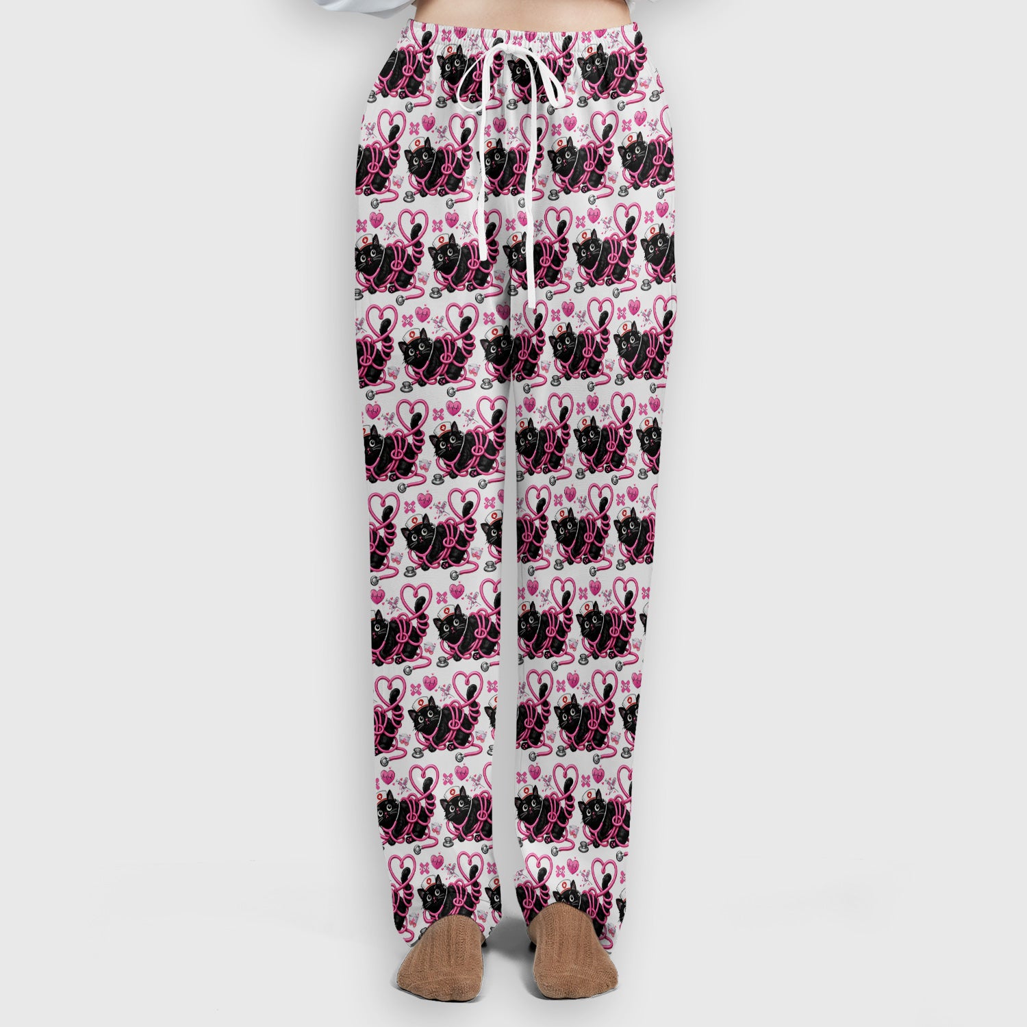 Valentine Cute Cat Nurse Heart Print Women's Scrub Set, Breathable Med Uniform