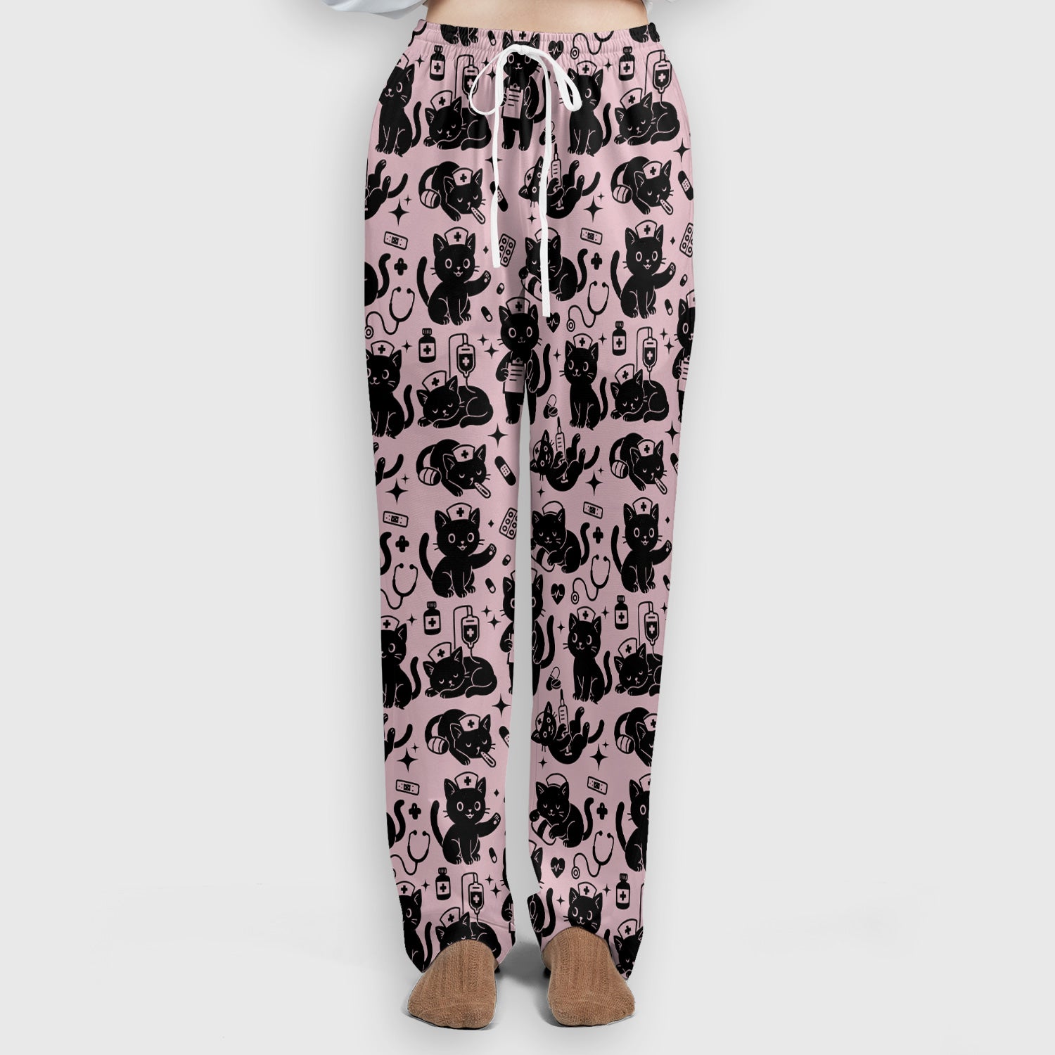 Cute Black Cat Nurse Pattern Scrub Set, Breathable Med Uniform