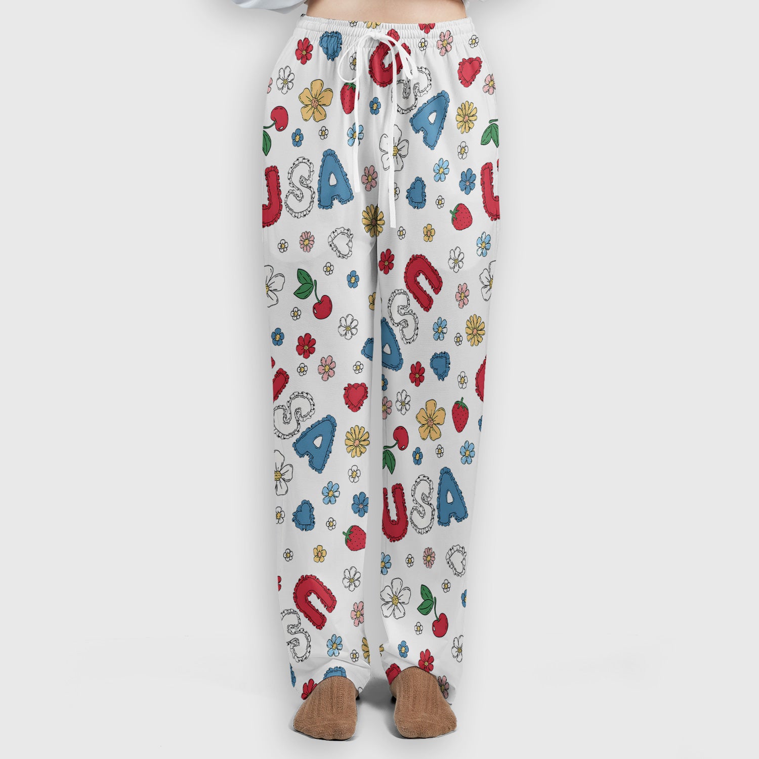 USA Cherry Strawberry Floral Patch Pattern Scrub Set, Scrub Pants and V Neck Top