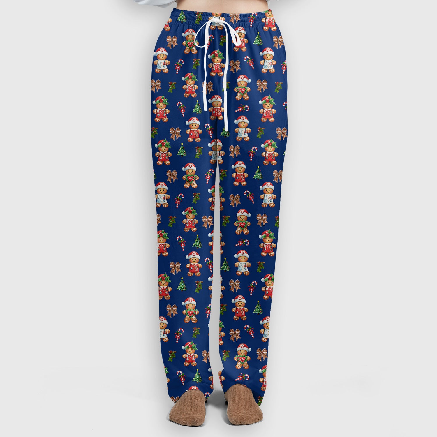 Funny Christmas Scrub Set for Nurse - Adorable Gingerbread Candy Cane Bow- Festive Medical Uniform for Women