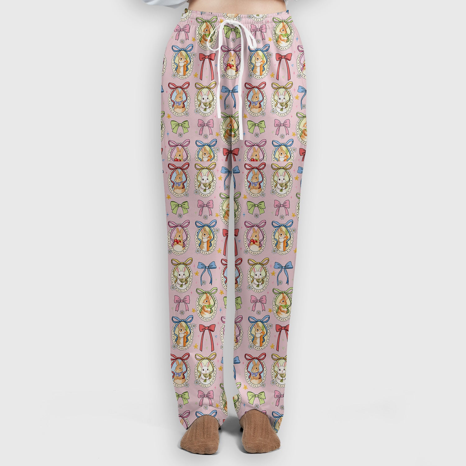 Cute Easter Bunny Cameo Colorful Bow Pattern Scrub Set, Breathable Med Uniform