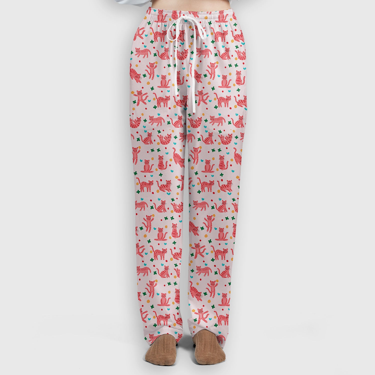 Cute Pink Cat Pattern Women's Scrub Sets, Scrub Pants and V Neck Top