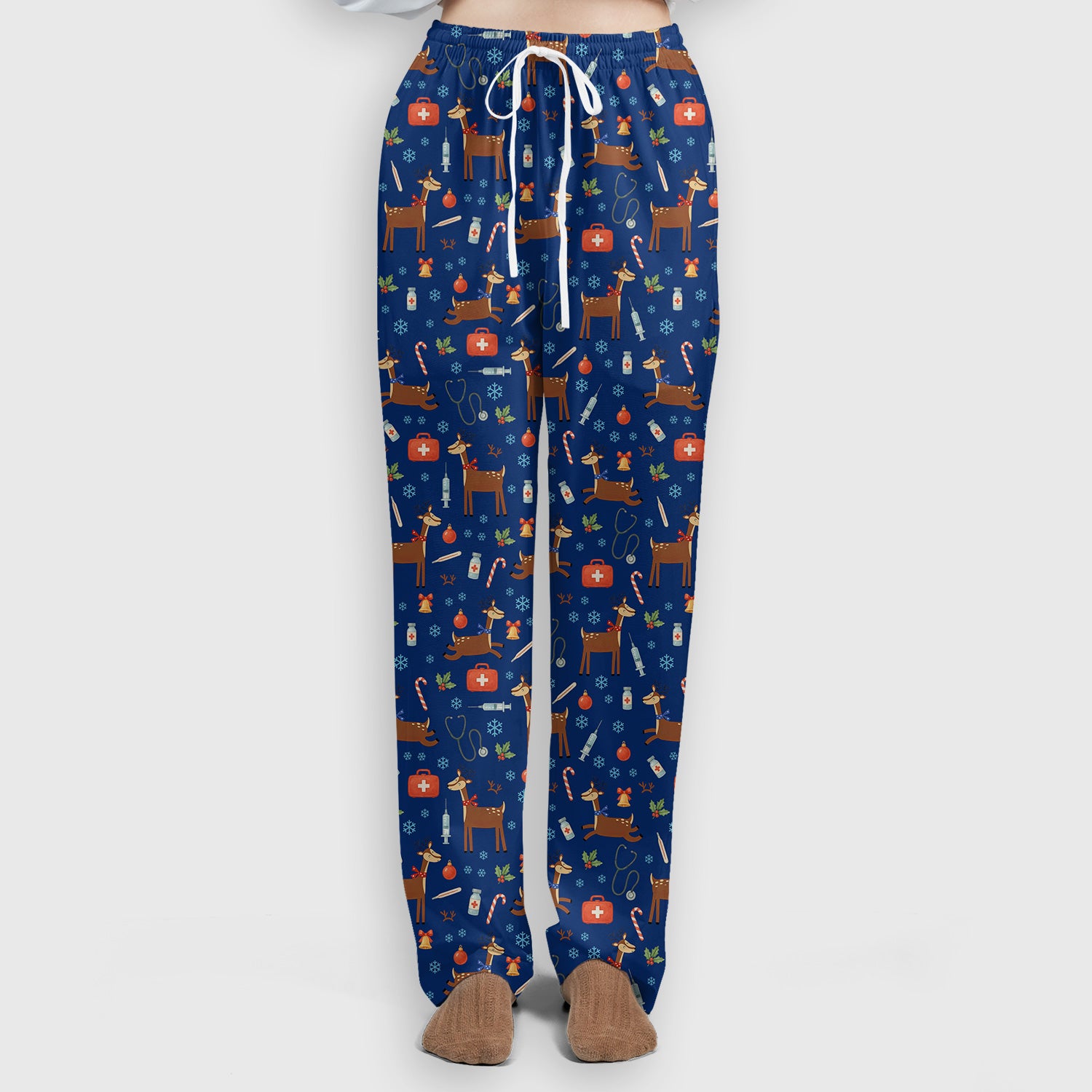 Christmas Reindeer Scrub Set for Nurses - Cute Reindeers Snowflakes Candy Canes - Comfortable Med Uniform