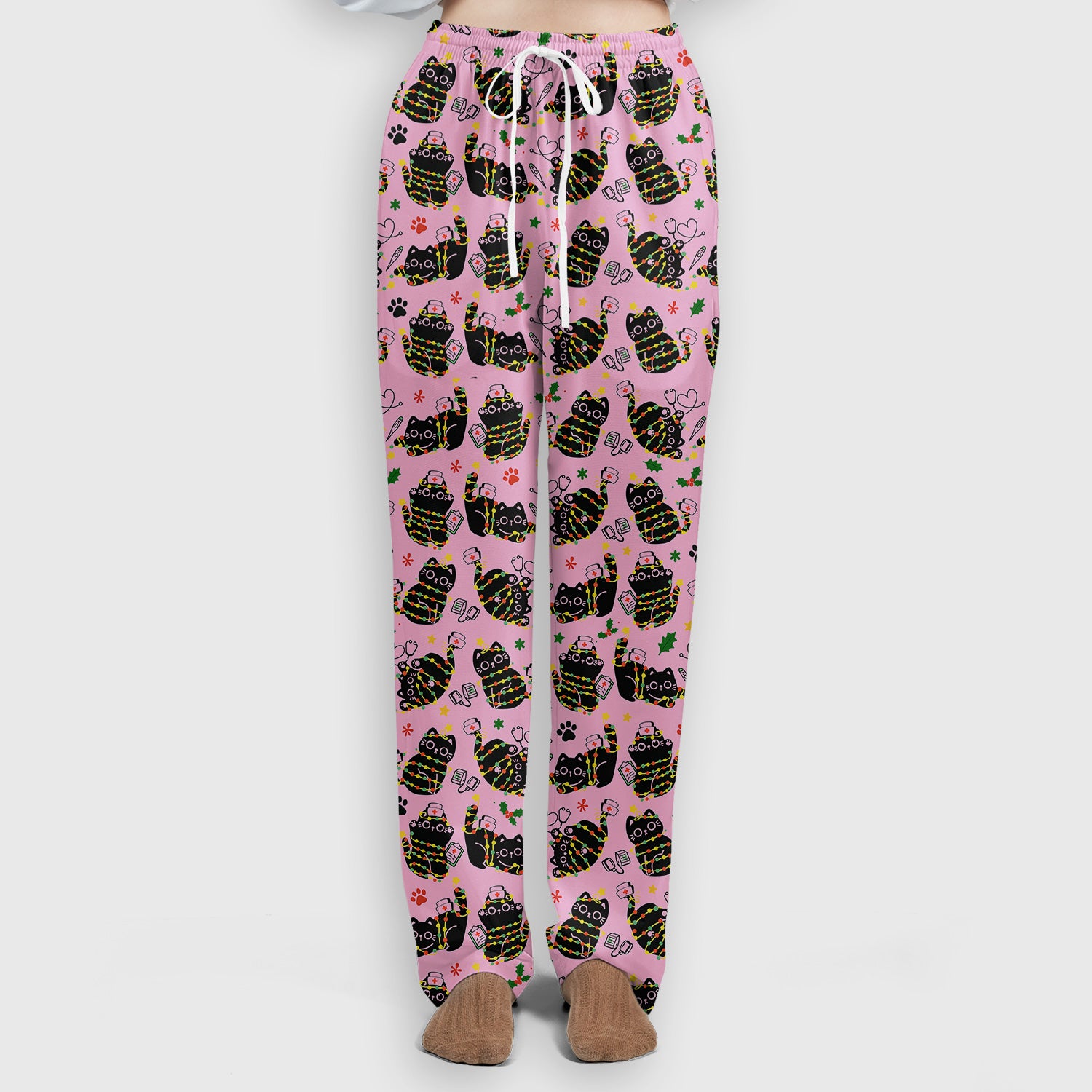 Black Cat Christmas Scrub Set – Nurse & Holiday Lights Pattern Shirt – Cute Medical Uniform For Nursing