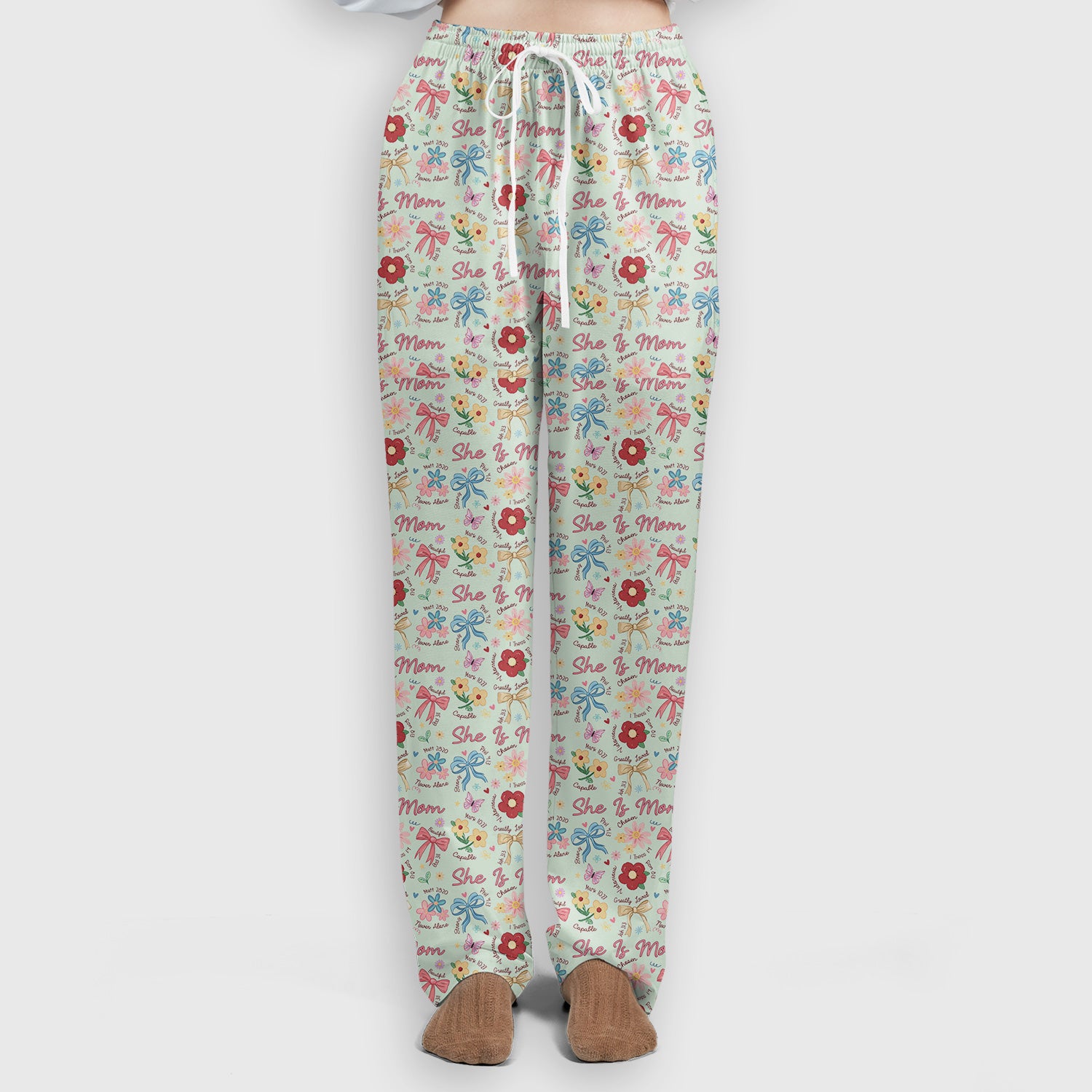 She Is Mom Flower Bow Pattern Scrub Set, Scrub Pants and V Neck Top